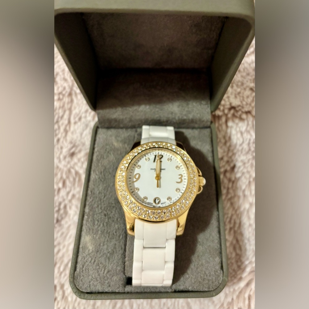 Charles-Hubert gold & white watch, sparkly crystals and ceramic white band, NWT.